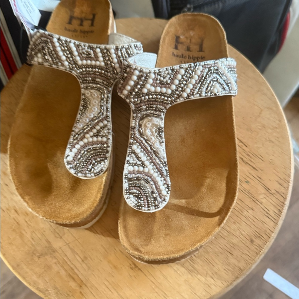 Haute Hippie Beaded White and Silver T-strap Sandals